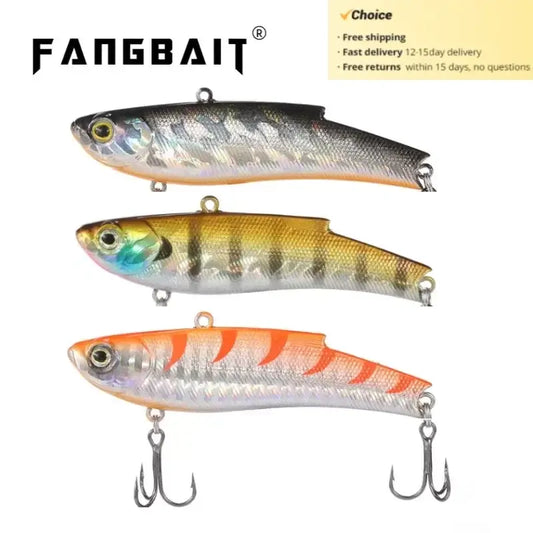 Fangbait VIB vibration fishing lures in three colors, perfect for bass and versatility in freshwater and saltwater fishing.
