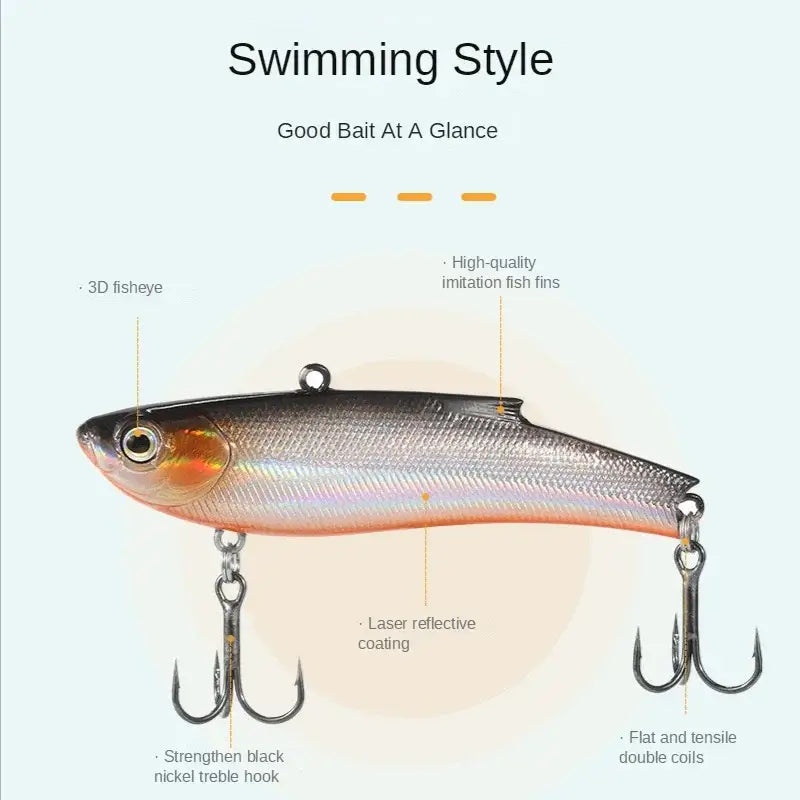 Fangbait VIB Vibration Fishing Lure showcasing realistic features and hooks for effective bass and ice fishing.