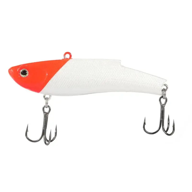 Fangbait VIB vibration fishing lure in white and orange, perfect for bass and ice fishing with treble hooks.