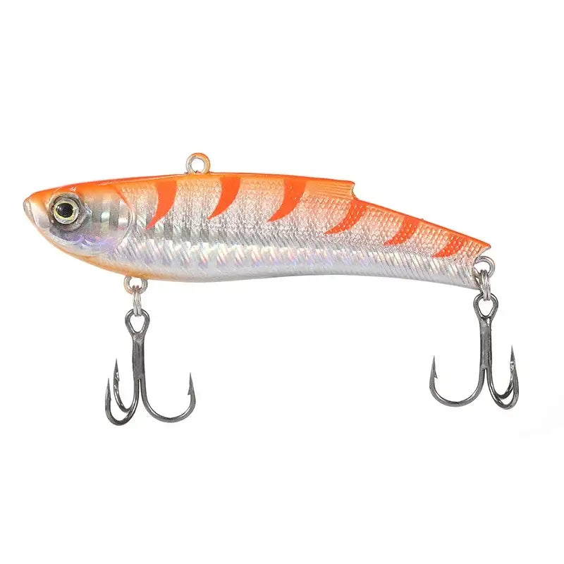 Fangbait VIB Vibration Fishing Lure with orange stripes and treble hooks, ideal for bass and freshwater fishing.