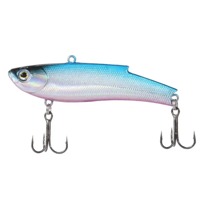 Fangbait VIB vibration fishing lure in blue and silver with double treble hooks, perfect for bass and ice fishing.