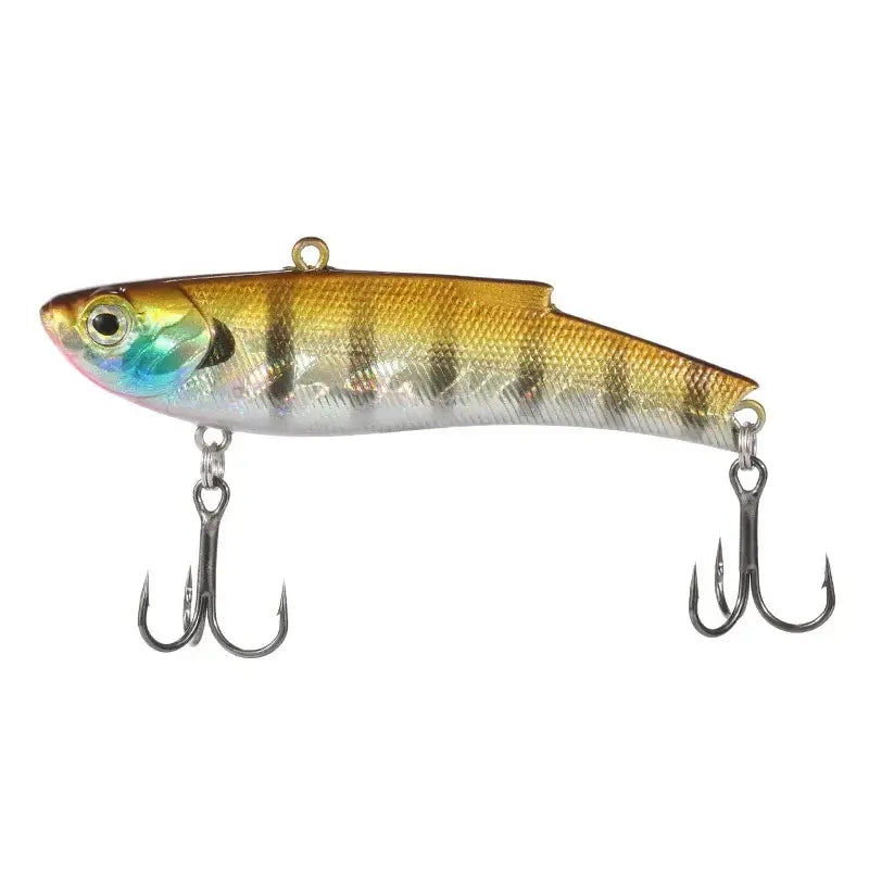 Fangbait VIB Fishing Lure in gold and silver with treble hooks, ideal for bass and ice fishing.