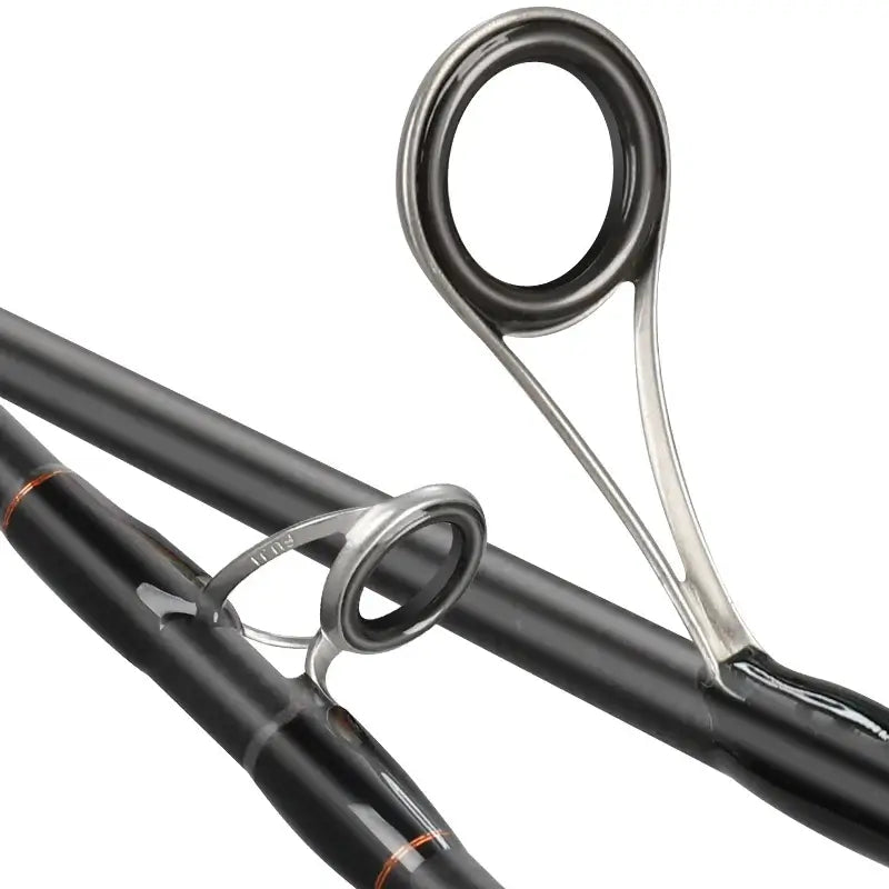 Close-up of the guides on a Histar Butterfly II FUJI BFS carbon fishing rod for long casting and UL finesse fishing.