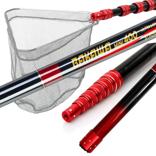 JOSBY lightweight telescoping fishing net pole with foldable mesh net, ideal for carp and sea fishing, shown in compact design.