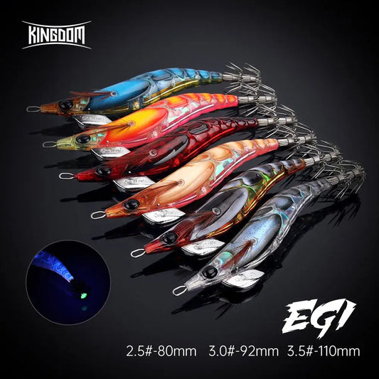 Kingdom Egi squid lures in various sizes; vibrant colors and luminous features for effective sea fishing.