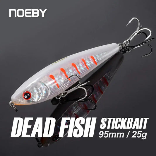 NOEBY 95mm 25g dead fish stickbait wobbler for saltwater fishing, featuring realistic design and treble hooks.