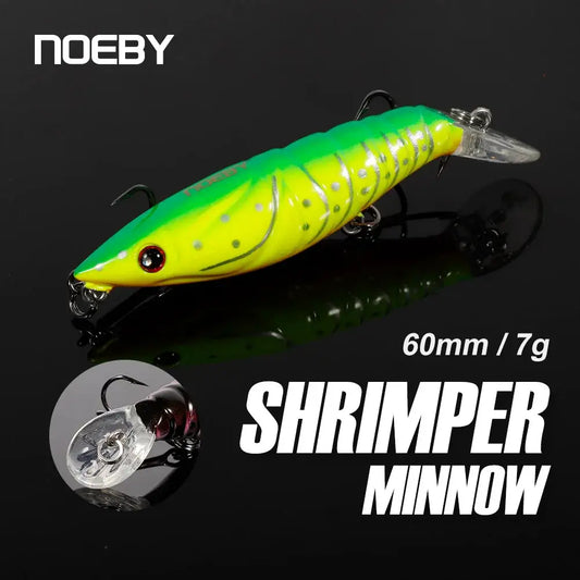 NOEBY artificial shrimp minnow fishing lure, 60mm length, 7g weight, designed to attract pike and sea bass.