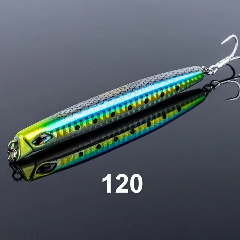NOEBY 120mm sinking pencil lure with vibrant green and blue colors, ideal for shore jigging and slow jigging fishing.