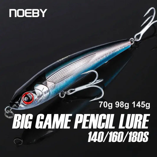 Noeby Sinking Pencil Fishing Lure in 70g, 98g, and 145g sizes, ideal for tuna fishing with realistic wobbling action.