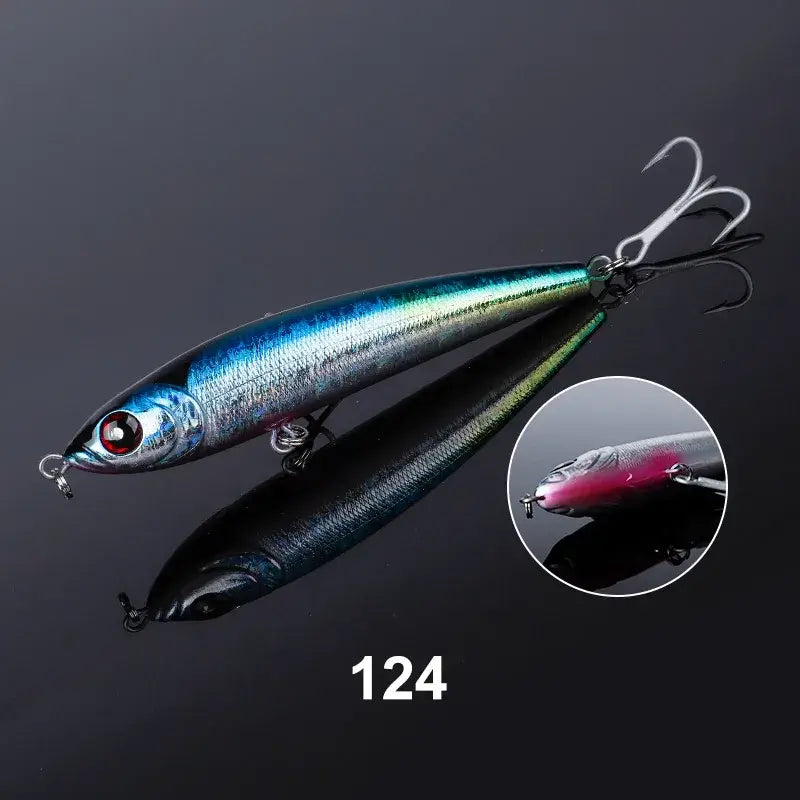 Noeby sinking pencil fishing lure in blue and silver, ideal for tuna fishing with realistic wobbling action.