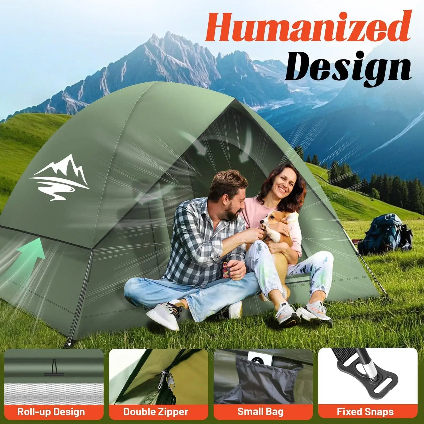 Camping tent with roll-up design, double zipper, and spacious interior for 3-4 people in a scenic outdoor setting.