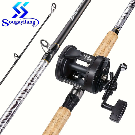Sougayilang Fiberglass Fishing Pole Conventional Reel Combo With Durable P-Cork Rod Handle, High-density Carbon Fiber Reinforced With Fiberglass Composite For Catfish Salmon And Steelhead.