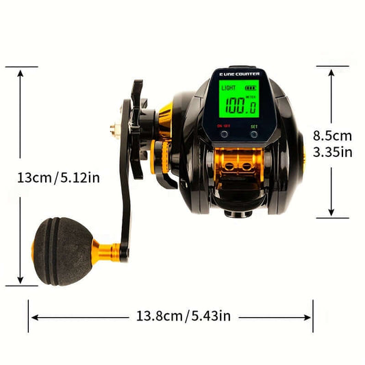 Stainless Steel Surf Fishing Rod and Reel Combo with Digital Display, 7.2:1 Gear Ratio, 10LB Saltwater Capacity, Line Break Reset, Water Depth Positioning, Right-Handed, USB Rechargeable.