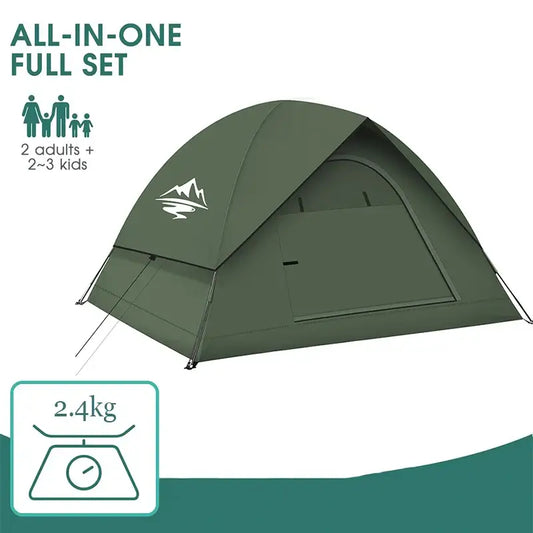 All-in-one camping tent for 2 adults and 2-3 kids, weighing 2.4kg, designed for family use and outdoor adventures.