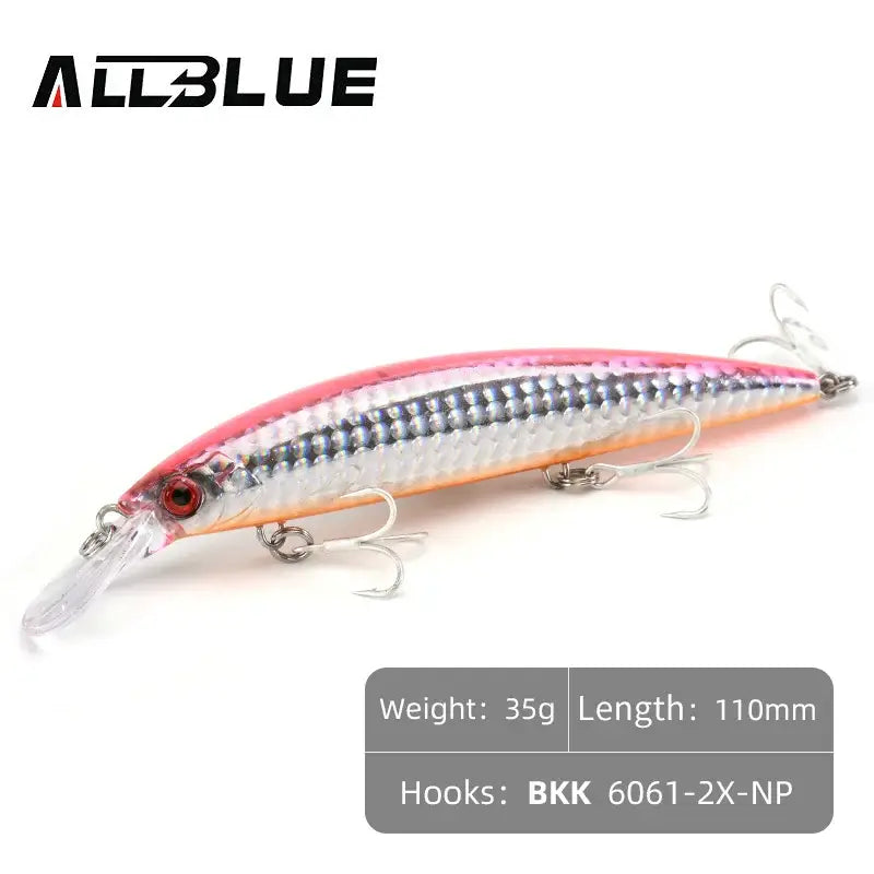 ALLBLUE Heavy Weight Minnow 110mm sinking jerkbait designed for saltwater fishing with vibrant colors and sharp hooks.