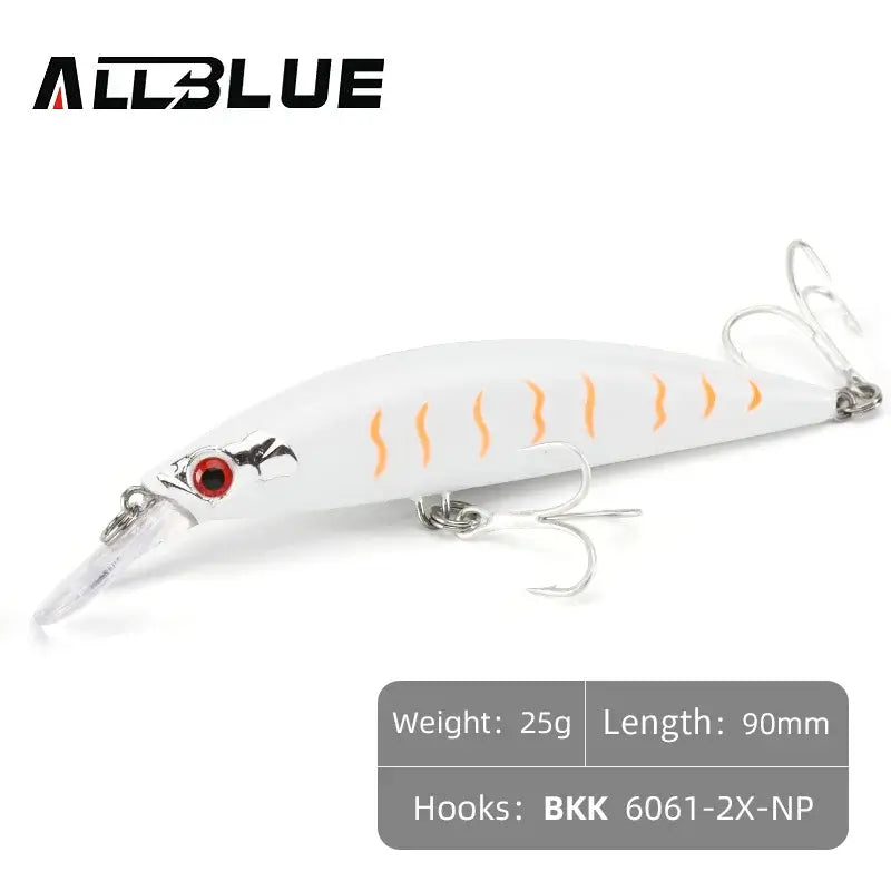 ALLBLUE Heavy Weight Minnow 90mm sinking jerkbait with hooks, ideal for saltwater fishing and targeting sea bass.