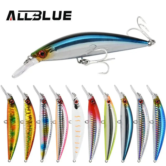 ALLBLUE Heavy Weight Minnow jerkbait lures in various colors, designed for saltwater sea bass fishing.