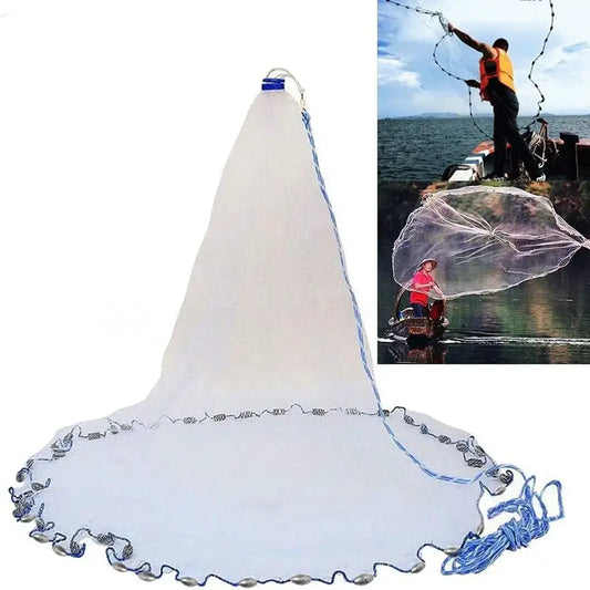 American saltwater fishing cast net showcasing its heavy-duty design and professional use for bait trapping.