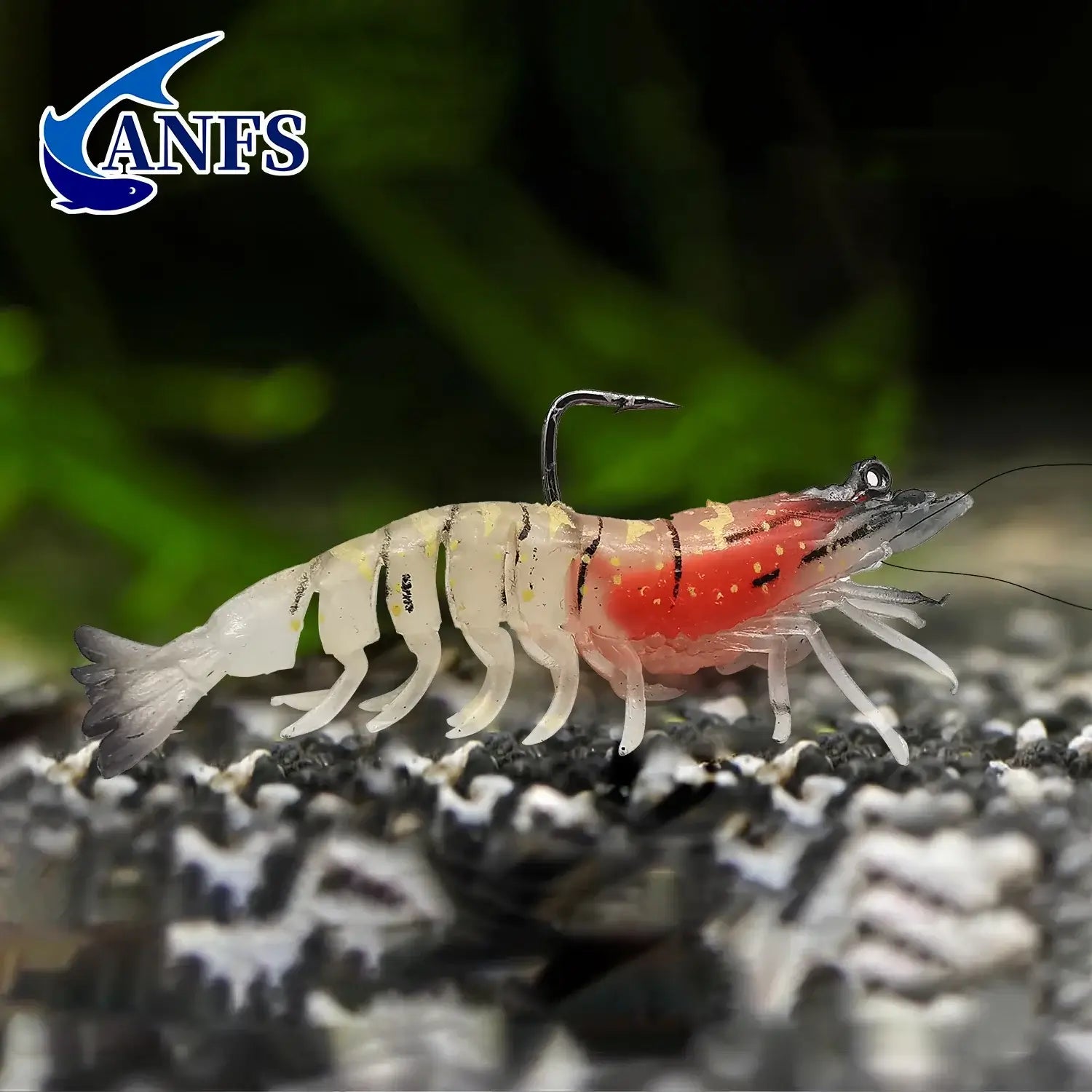 ANFS luminous soft bait prawn fishing lure designed for bass, trout, walleye fishing in freshwater and saltwater.