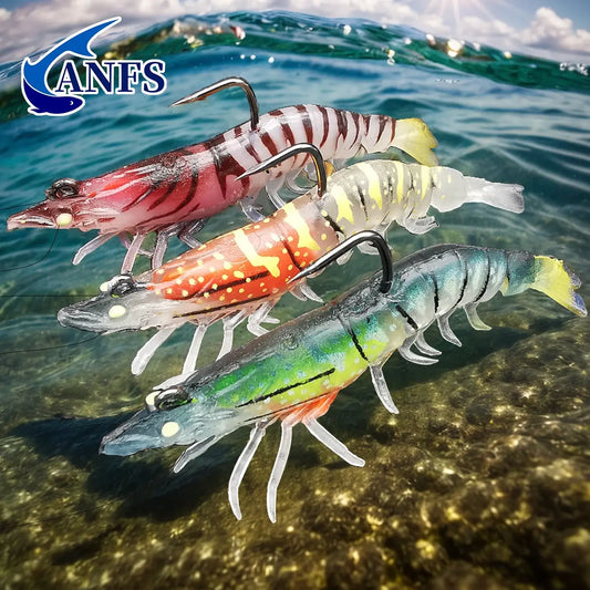 Luminous soft bait prawn fishing lures in water for bass, trout, and walleye fishing by ANFS.