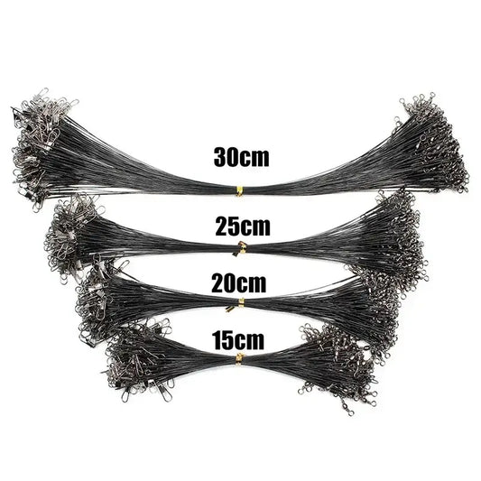 Aorace steel fishing leader lines in various lengths (15cm, 20cm, 25cm, 30cm) with swivel attachments.