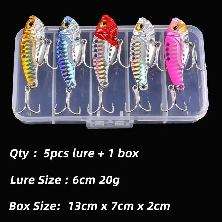 Aorace 5pcs metal fishing lures in a clear box, showcasing vibrant colors and hooks, perfect for various fishing environments.