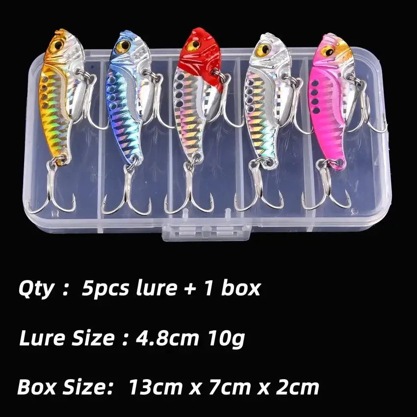 Aorace 5pcs fishing lures in a box, including 10g VIB spoon baits, in assorted colors.