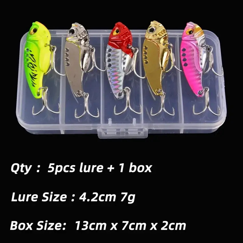 Aorace 5pcs VIB fishing lures in a clear box, featuring vibrant colors and a compact size for effective fishing.