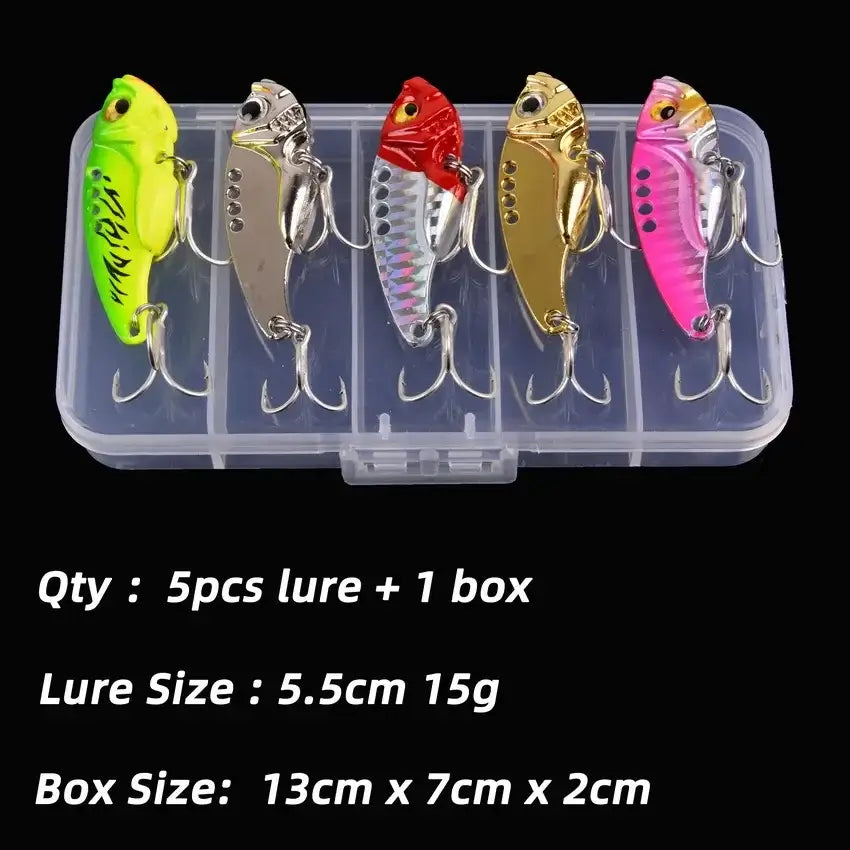 Aorace 5pcs VIB fishing lures in a compact box, featuring vibrant colors and hooks, ideal for various fishing environments.