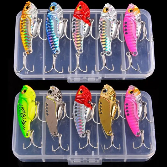 Aorace 5pcs metal VIB fishing lures in a transparent box, featuring colorful designs for ocean and freshwater fishing.