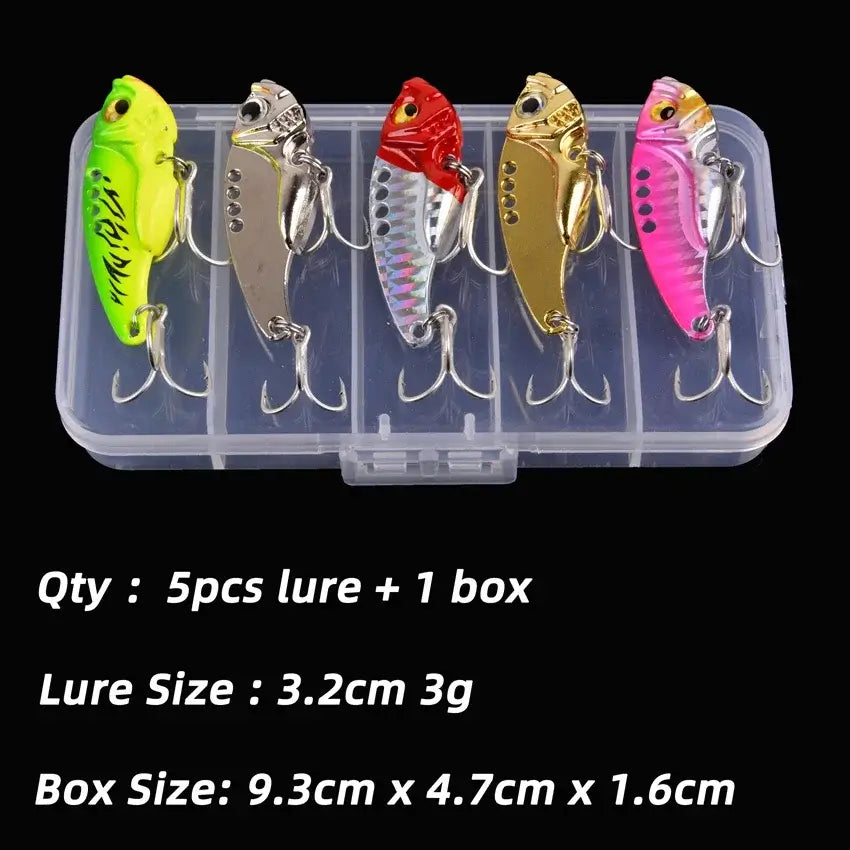 Aorace 5pcs VIB fishing lures in a clear box, displaying vibrant colors and various sizes for effective fishing.