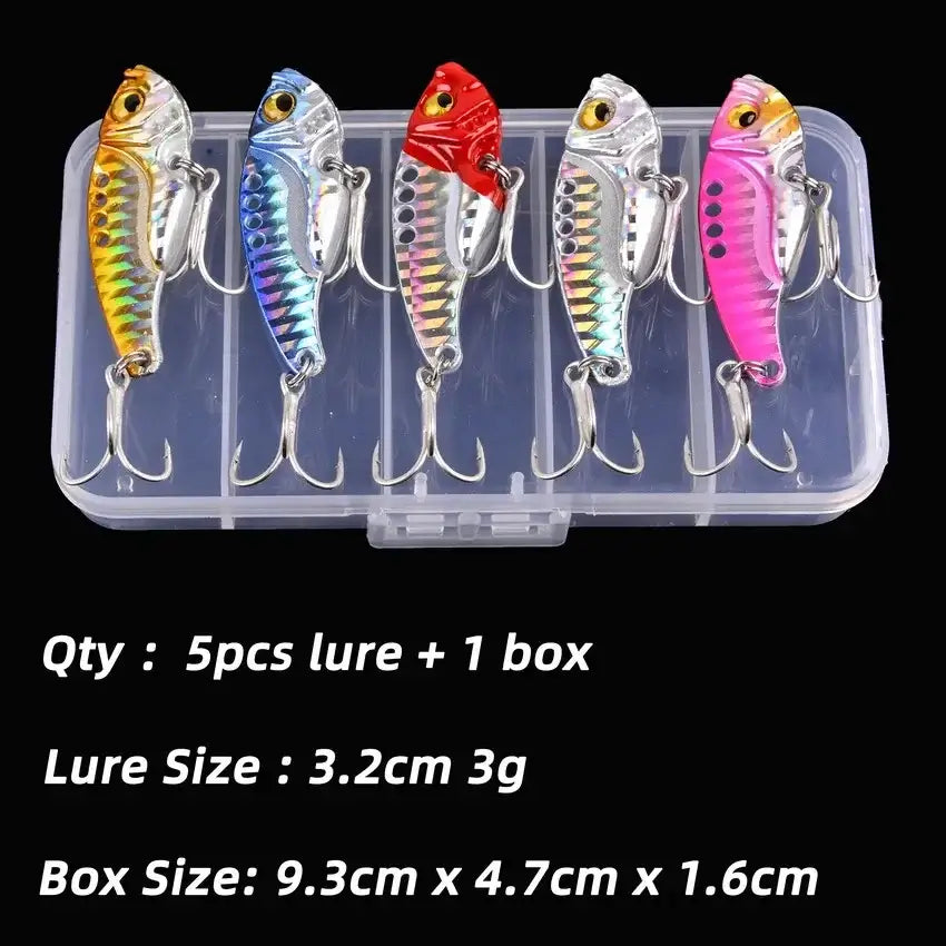 Aorace 5pcs metal VIB fishing lures in a clear box, sizes 3.2cm each, perfect for ocean and river fishing.