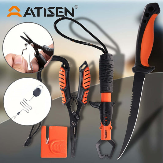 ATISEN Fish Knife Set with bait knife, tongs, knife sharpener, and fishing tools for outdoor camping and fishing.