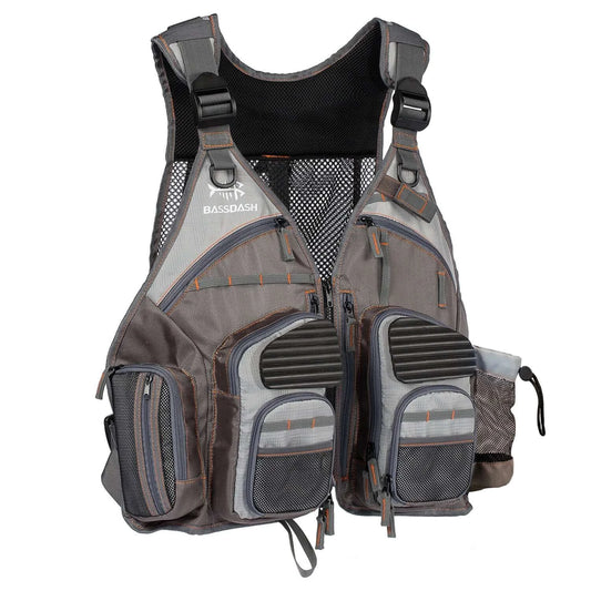 Bassdash Fishing Vest with adjustable straps, breathable design, and multiple pockets for outdoor gear.