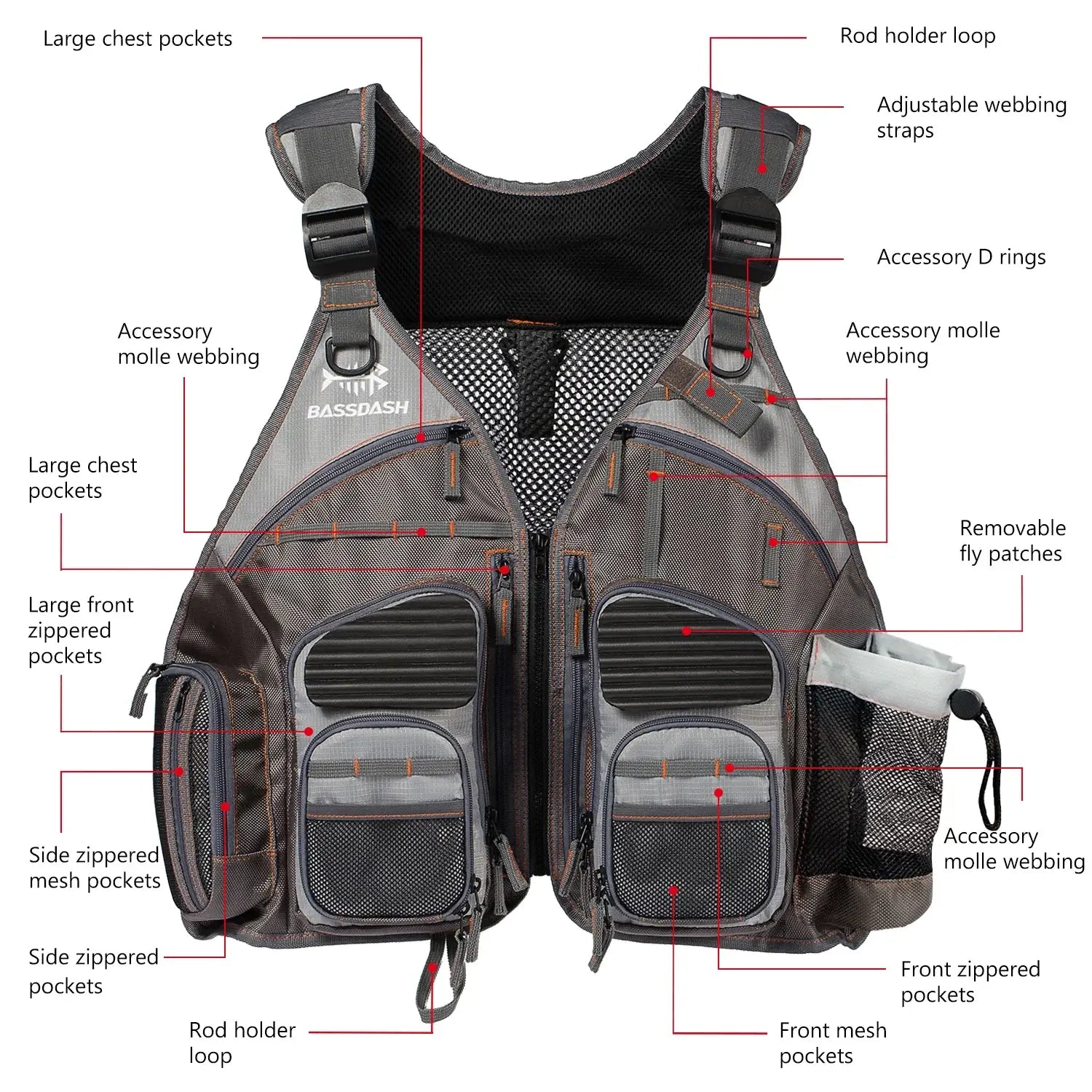 Bassdash Fishing Vest with multiple pockets, adjustable straps, and utility features for outdoor sports and safety.