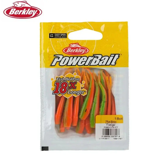 Berkley PowerBait soft baits pack with 18 colorful small fish shaped lures for trout fishing.