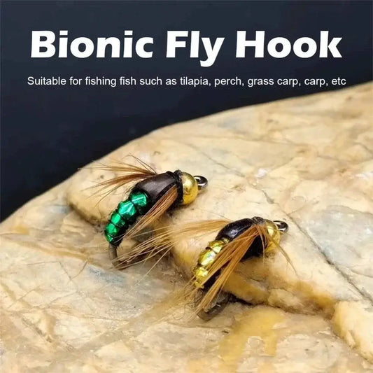 Bionic fly hooks for catching tilapia, perch, grass carp, and carp, featuring vibrant green and yellow bead design.