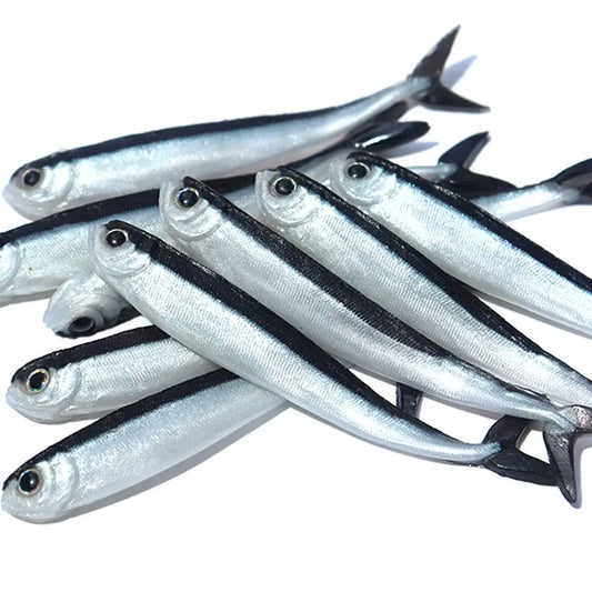 Set of 10 Black Minnow Jerk Shad soft silicone fish lures, 8cm, ideal for various fishing techniques.