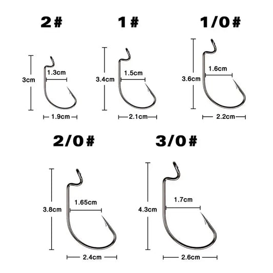 Diagram showing dimensions of five sizes of black nickel crank hooks for fishing, ideal for bait fishing gear.