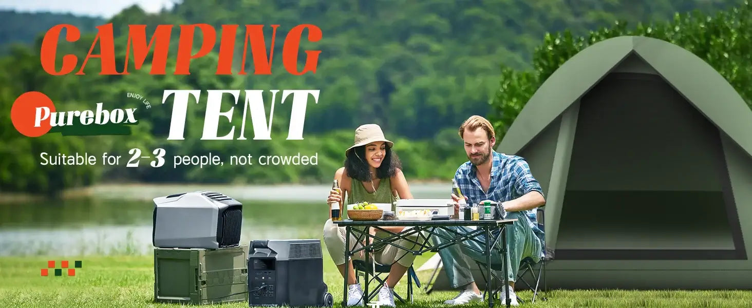Couple enjoying camping near a lake with a tent suitable for 2-3 people in a scenic outdoor setting.