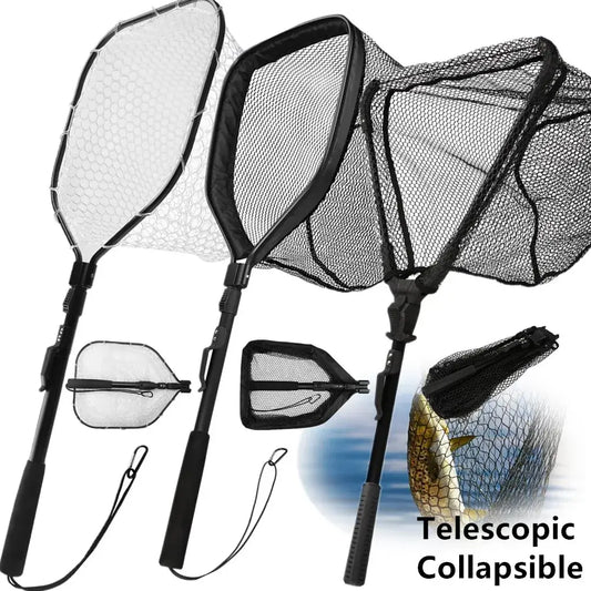Collapsible fishing landing nets with telescopic poles, ideal for freshwater and saltwater fishing.