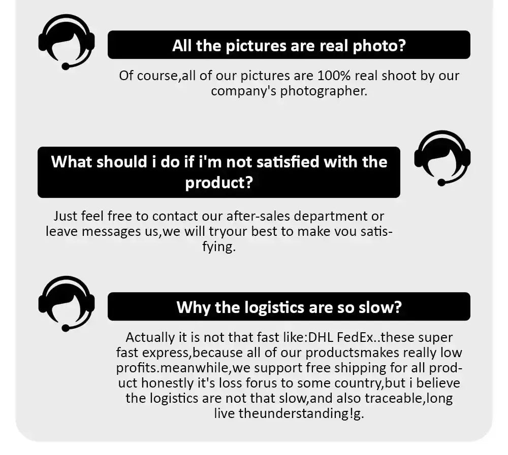 Customer service FAQ graphic addressing product satisfaction and logistics delays.
