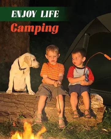 Two children camping by a fire with a dog, enjoying life outdoors, and a tent in the background.