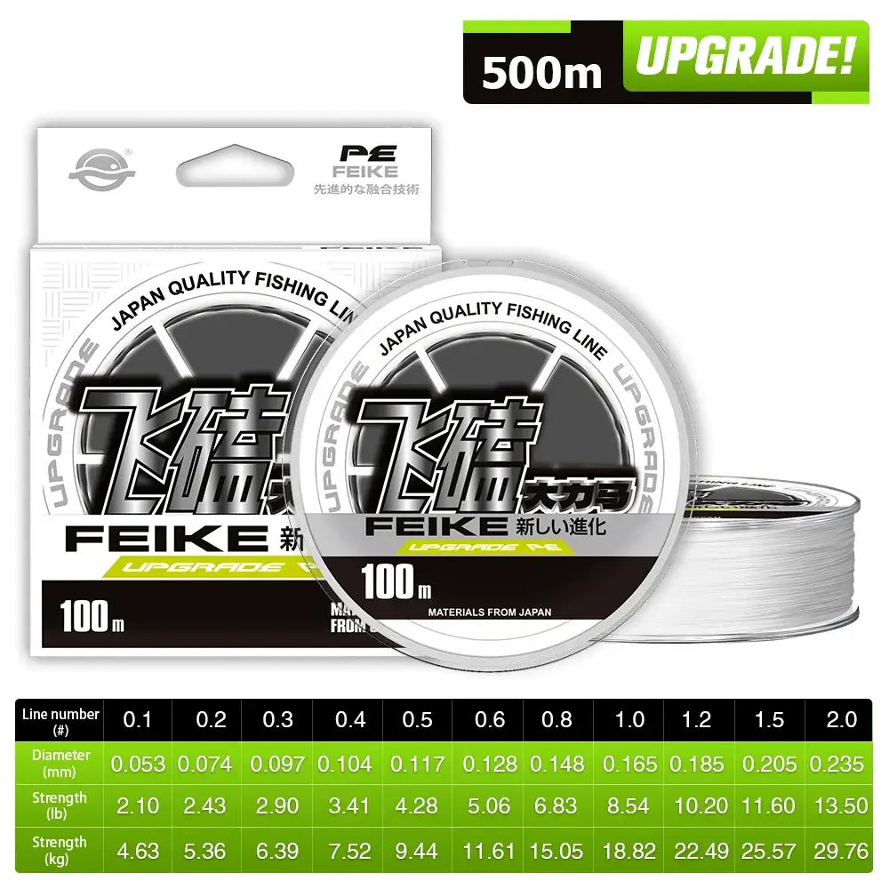 FEIKE Japan quality fishing line, 100m length, PE, upgrade pack, low diameter, high strength for fishing enthusiasts.