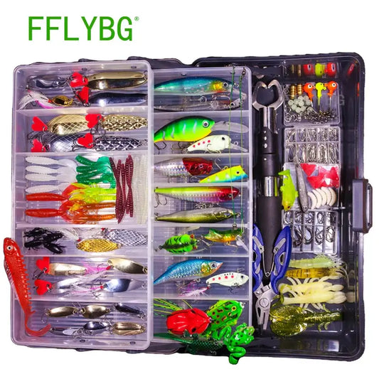 FFLYBG mixed fishing lure set with varied soft and hard baits in a tackle box for bass and pike fishing.