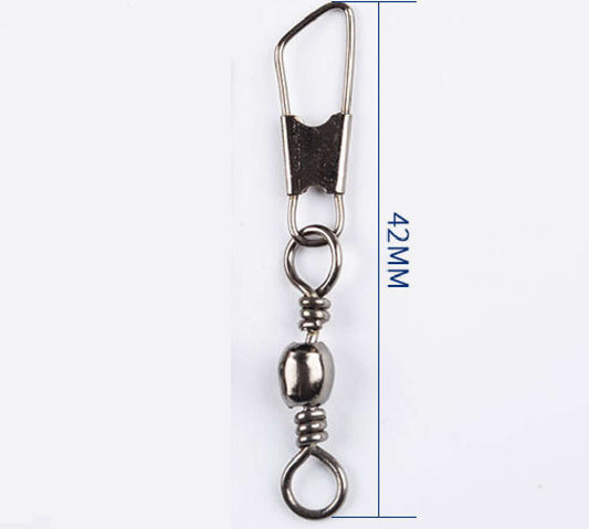 Stainless steel fishing connector accessory, 42mm design with flexible rotation for enhanced fishing performance.