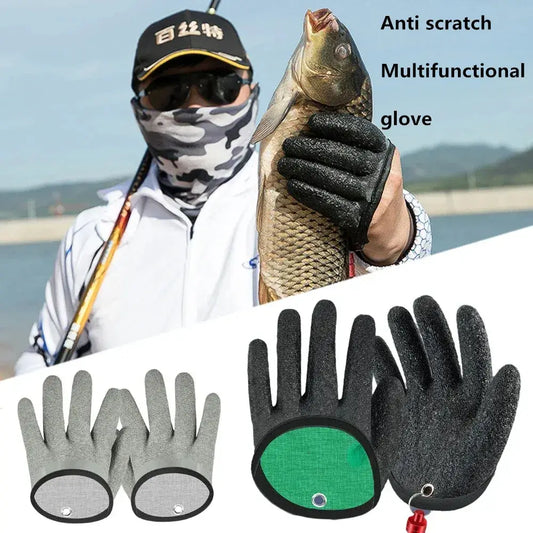Fishing gloves showcasing anti-scratch, multifunctional design; ideal for secure grip and protection while handling fish.