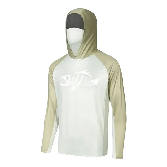 Men's long sleeve fishing hoodie shirt with mask for UV protection and moisture-wicking fabric.