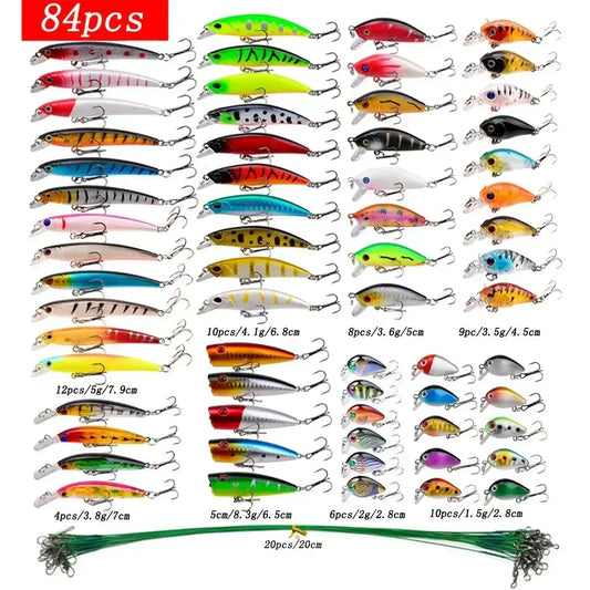 84-piece fishing lure set showcasing various mini crankbaits and hard baits in vibrant colors for effective angling.