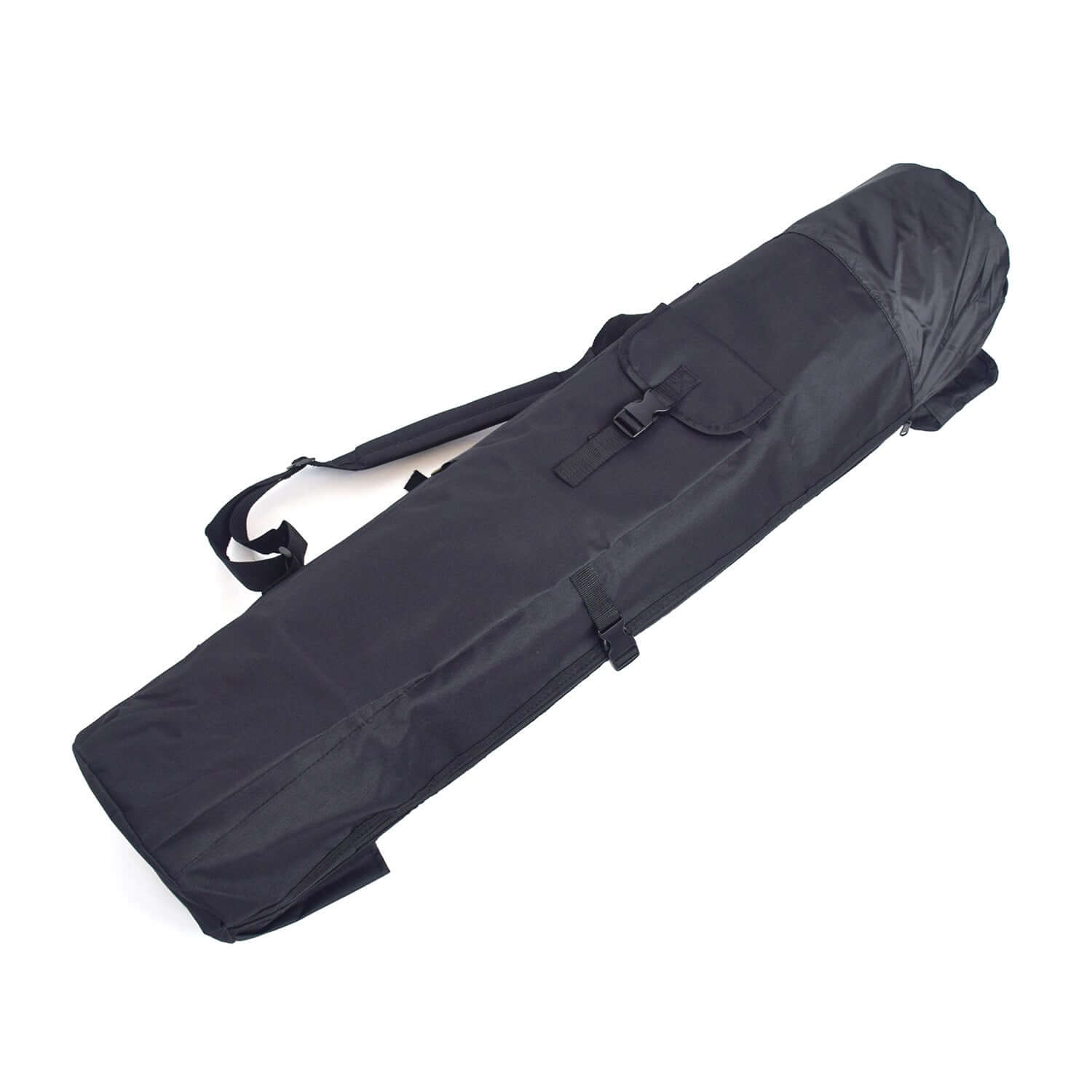 Durable black cylindrical fishing rod bag with shoulder strap for protection and easy transport of fishing gear.